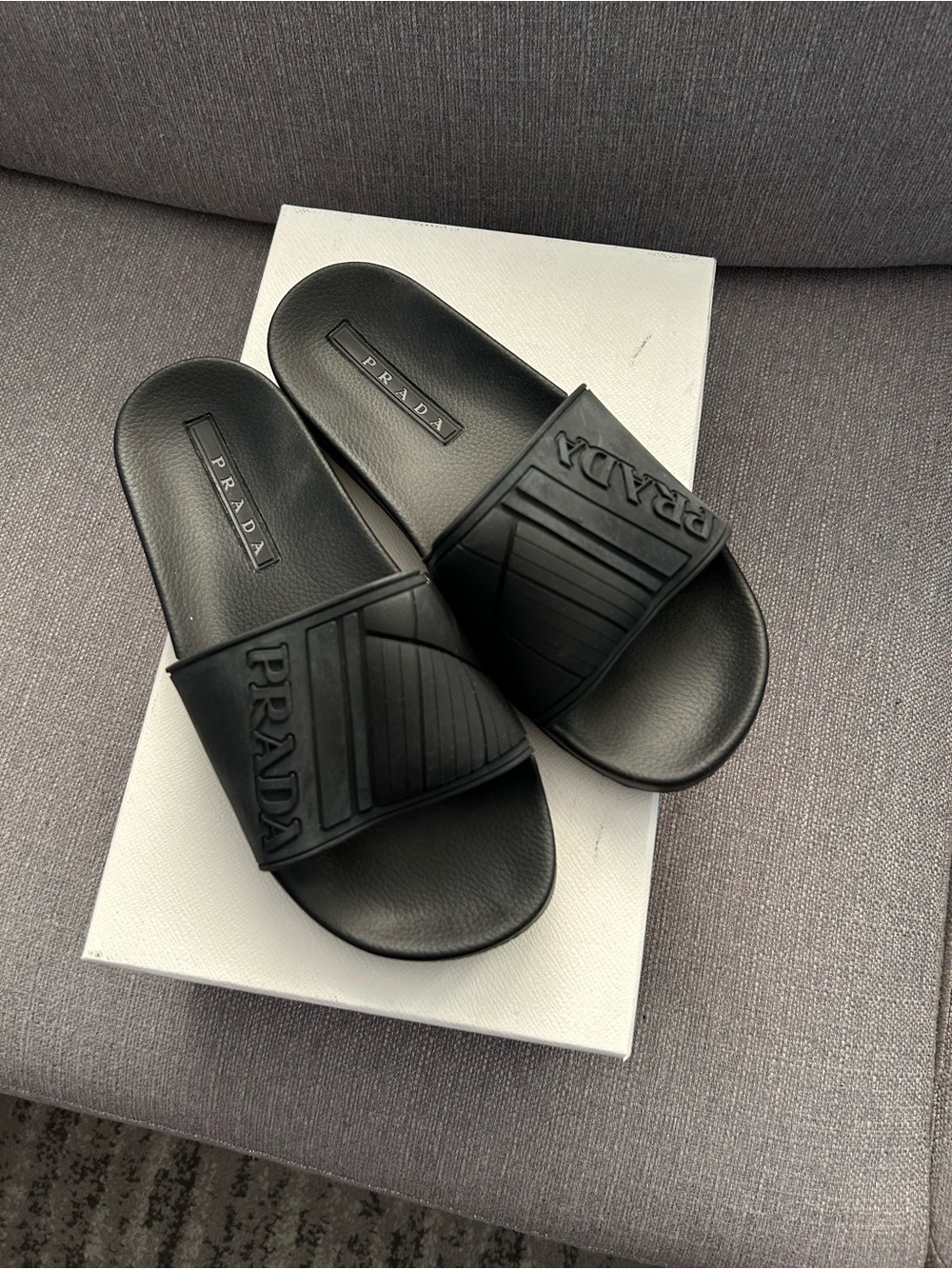 Prada Black Rubber Logo Slides NEW